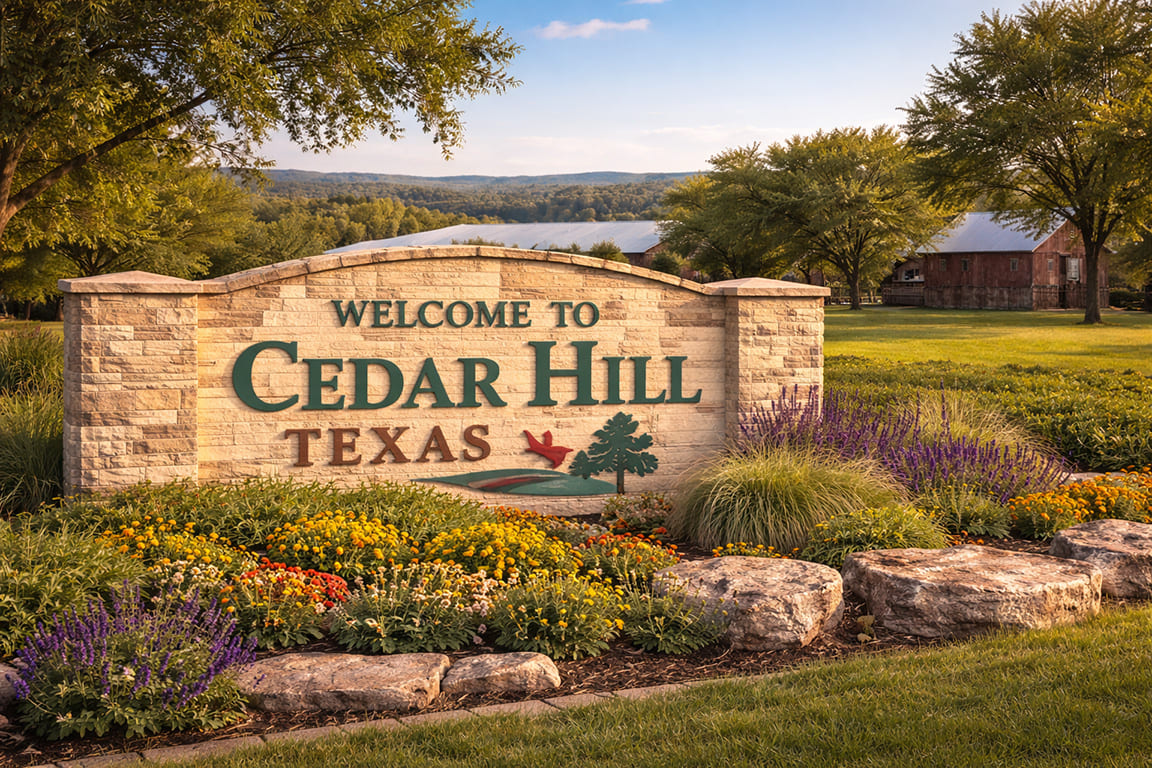 Cedar Hill welcome sign at sunset KMP Team took when servicing customer home