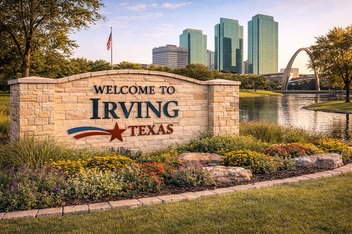 Welcome to Irving, Texas sign phto taken by KMP Plumbing Heating and Air
