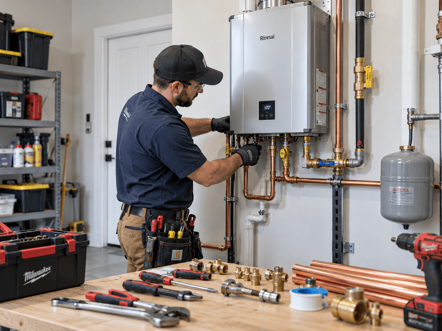 Plumber installing a tankless water heater on a wall, with tools and installation materials neatly arranged