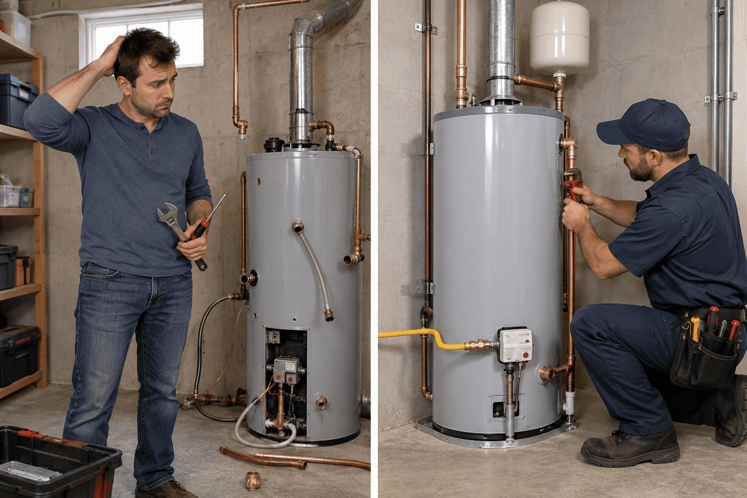 Homeowner holding tools next to a partially installed water heater, contrasted with a professional plumber efficiently completing an installation