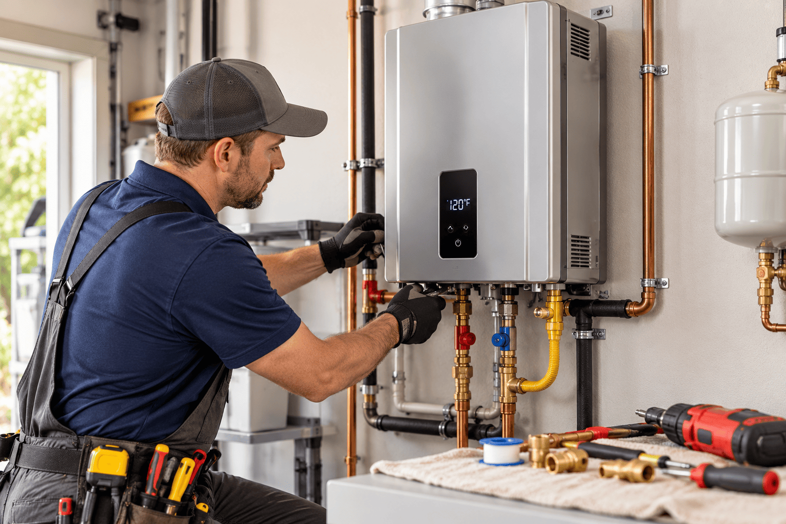 Plumbing layout diagram showing necessary connections for installing a new tankless water heater, highlighting pipe sizes and valve locations
