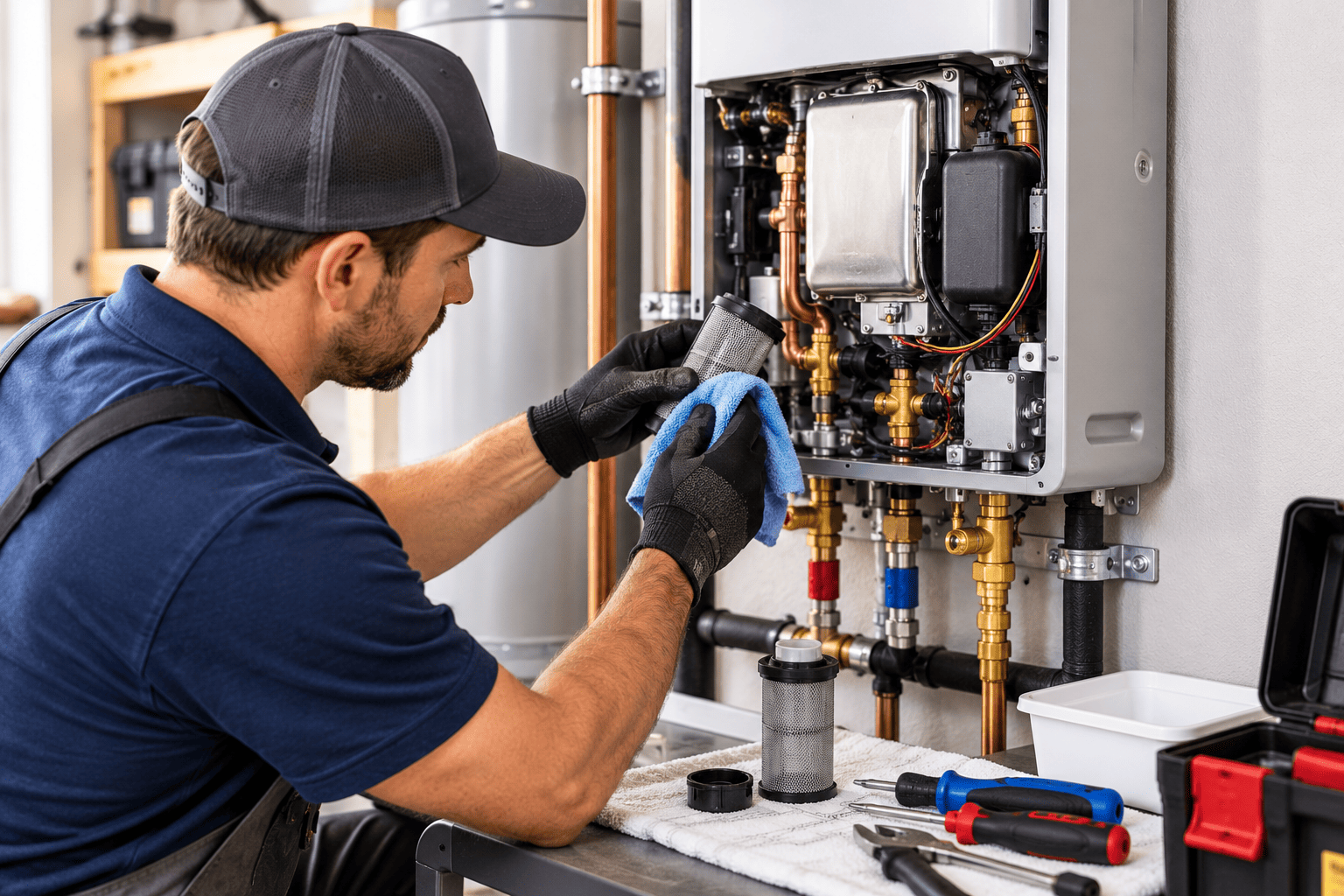 Technician performing maintenance on a tankless water heater, checking components and cleaning filters