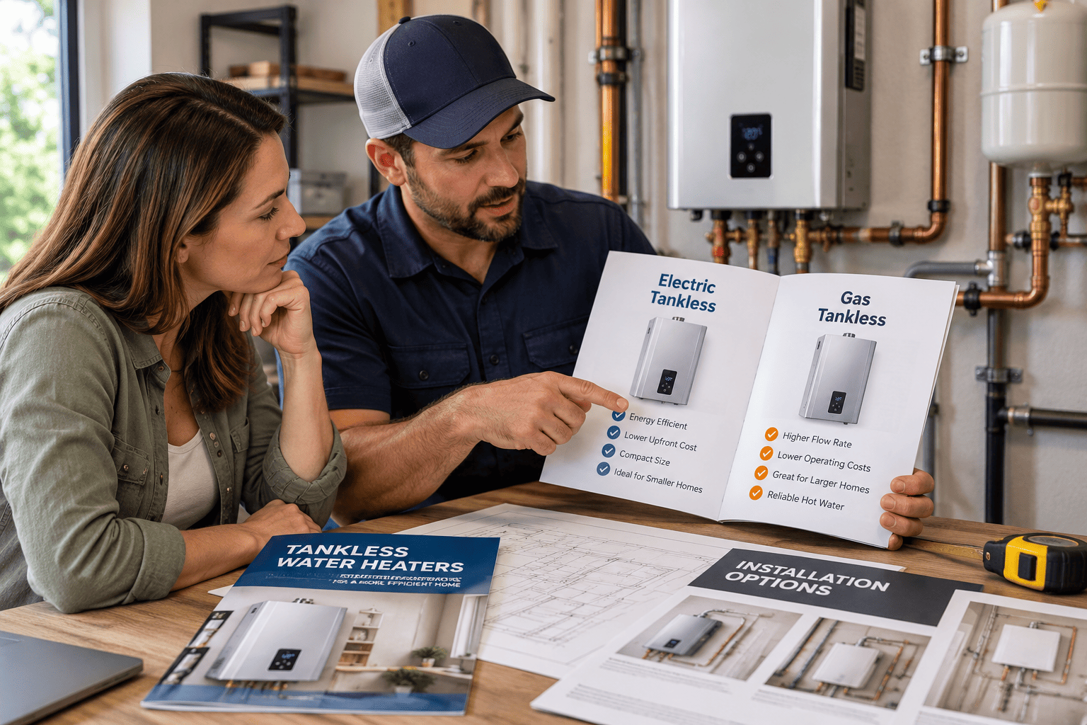 A homeowner discussing tankless water heater options with a plumber, both examining brochures and installation diagrams
