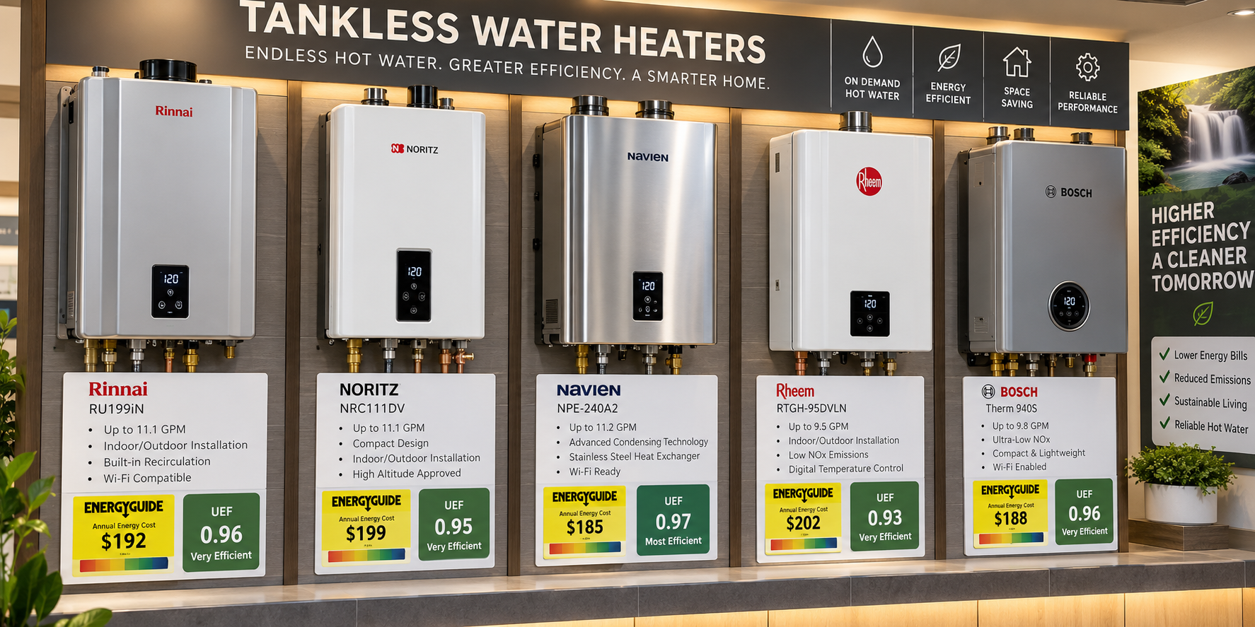 Variety of tankless water heaters displayed in a showroom, with labels indicating features and energy ratings
