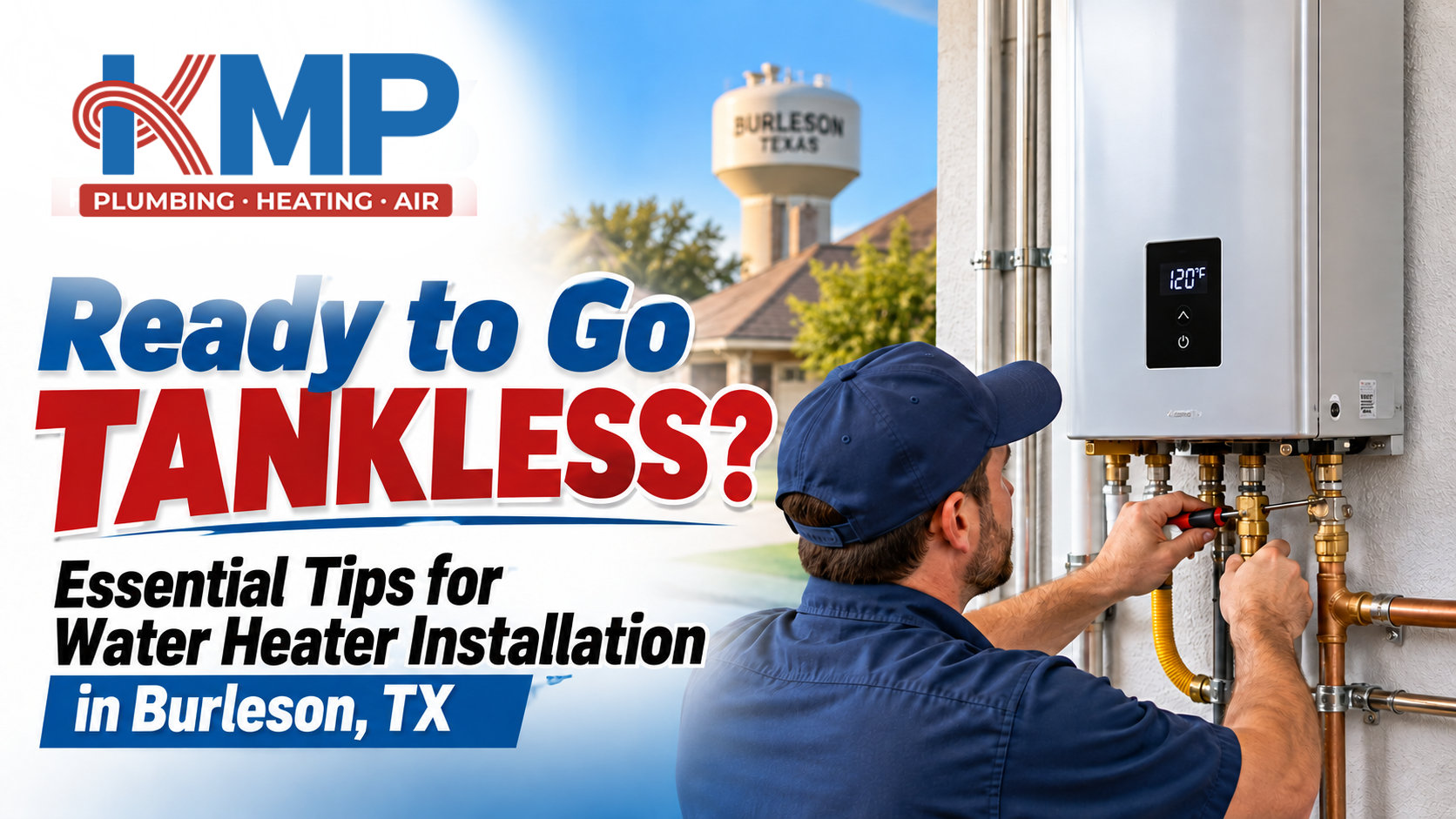 KMP technician performing tankless water heater installation in Burleson, TX.